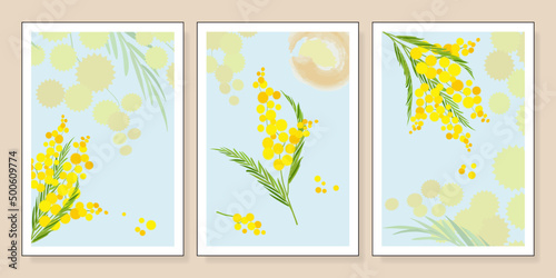 Floral wall art vector. Gentle botanical set with branches of yellow mimosa on blue background. Design for wall prints, posters, greeting cards, covers or home decor.