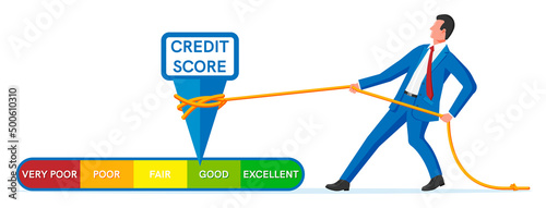 Businessman Changing Personal Credit Information. Man Pushing Arrow to Make Credit History Better. Man Improves his Creditworthiness, Credit Score, Approval Solvency. Flat Vector Illustration