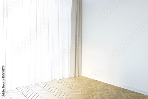 Fototapeta Naklejka Na Ścianę i Meble -  A sketch becomes a real light modern empty room without furniture with a blank white wall near a curtained window, with a parquet floor. 3d render