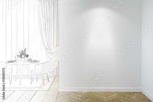 A sketch becomes a real light dining room interior with a blank illuminated white wall, set table with chairs near curtained windows, and beige carpet on the parquet floor. Front view. 3d render