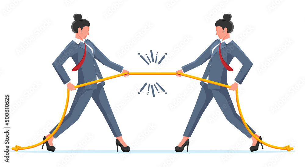 Two Businesswomen Pull of Rope. Women Tug of War and Look at Each Other. Business Target, Rivalry, Competition, Conflict. Achievement, Goal Success. Flat Vector Illustration