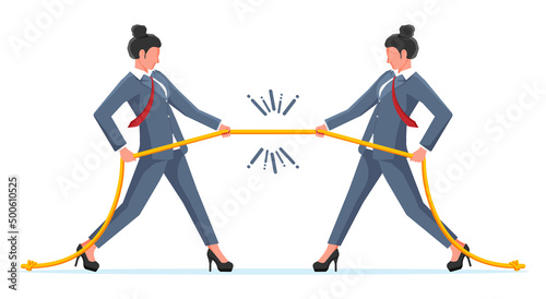 Two Businesswomen Pull of Rope. Women Tug of War and Look at Each Other. Business Target, Rivalry, Competition, Conflict. Achievement, Goal Success. Flat Vector Illustration