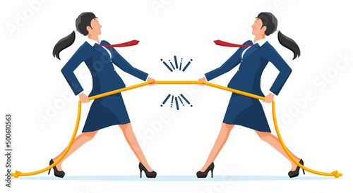Two Businesswomen Pull of Rope. Women Tug of War and Look at Each Other. Business Target, Rivalry, Competition, Conflict. Achievement, Goal Success. Flat Vector Illustration