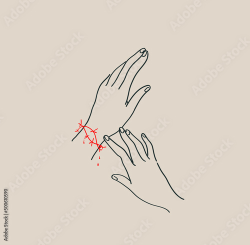 hand in chains of barbed wire. sketch