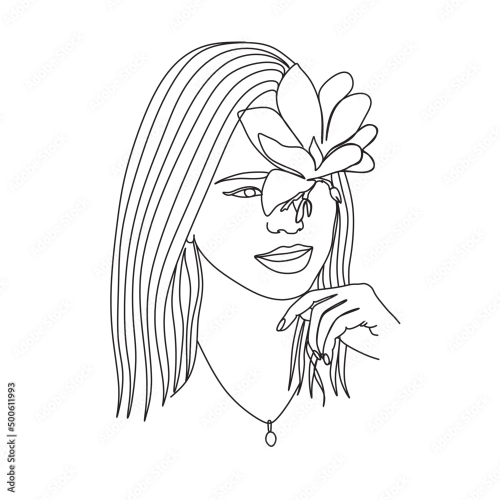 Line Art Woman With Flowers. Head Of Flowers Line drawing. Flower Woman Vector. Minimal Abstract portrait female.