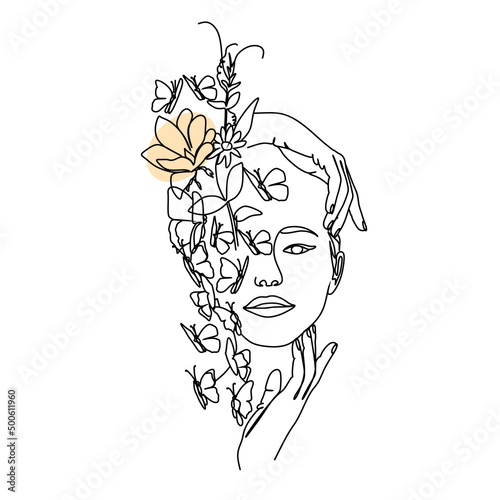 Woman face with butterfly and  Flower. Abstract face with butterfly by one line vector drawing. Portrait minimalistic style. Botanical print. Nature symbol of cosmetics. 