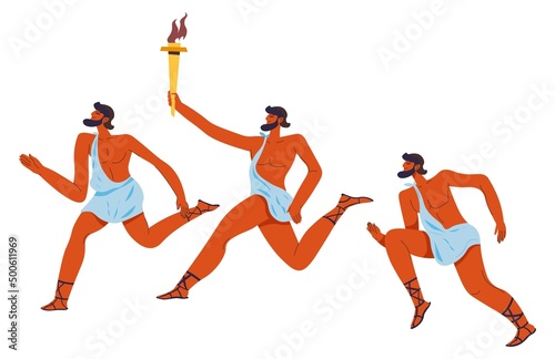 Men taking part in marathon, running with torch