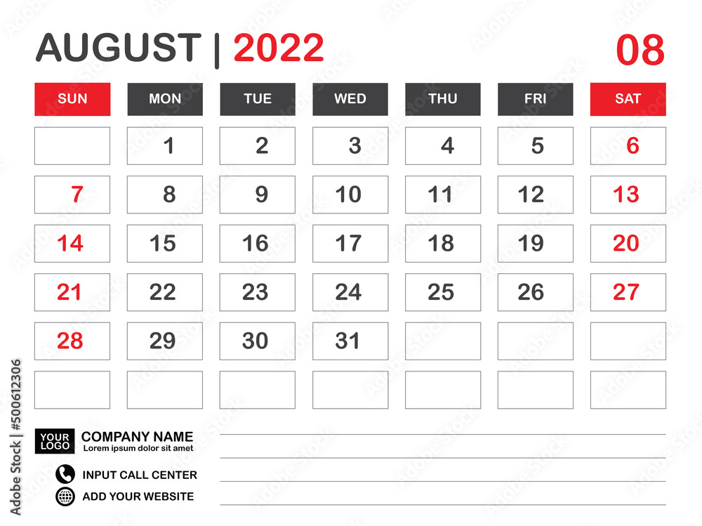 Calendar 2022 template, August 2022 layout, Desk calendar 2022 year, Wall calendar design, Week starts on sunday, Planner, Printing media, poster, organizer, advertisement, Red background, vector Calendar 2022 template, August 2022 layout, Desk calendar 2022 year, Wall calendar design, Week starts on sunday, Planner, Printing media, poster, organizer, advertisement, Red background, vector