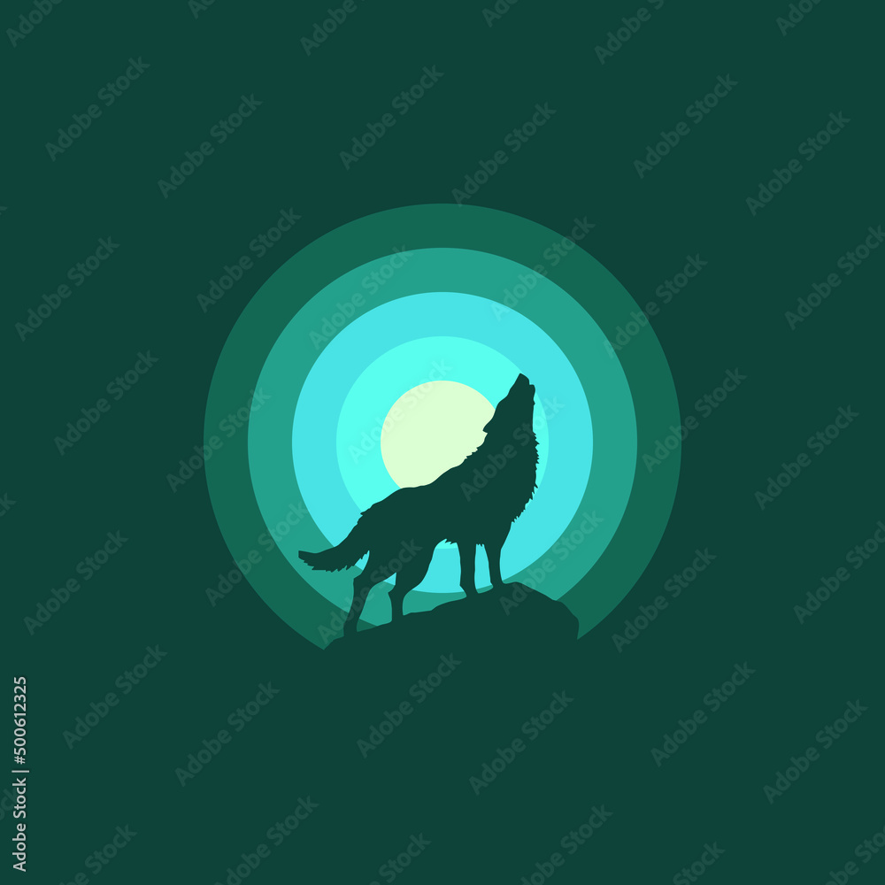 Fototapeta premium The silhouette illustration design of the wolf roars at night Isolated on colorful background. Suitable for landing pages, icons, stickers and posters.