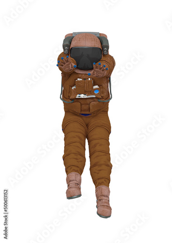 astronaut explorer is floating back very slow on white background