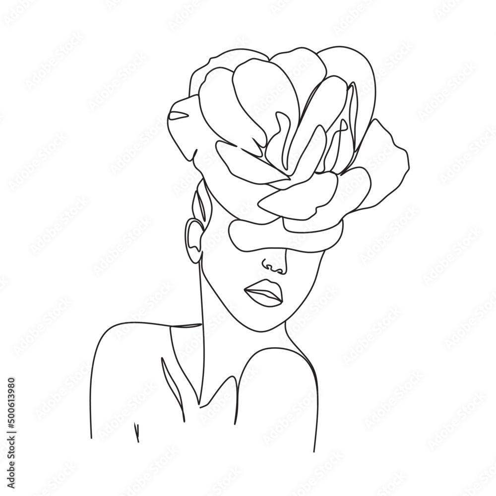 Line Art Woman With Flowers. Head Of Flowers Line drawing. Flower Woman Vector. Minimal Abstract portrait female. Line Art Woman With Flowers. Head Of Flowers Line drawing. Flower Woman Vector. Minimal Abstract portrait female.