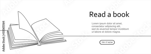 Open book with continuous one line drawing with flying pages. Illustration of educational supplies back to school theme for website landing page. Order a banner for one line drawing.