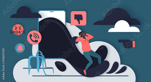Cyber bullying, social problem of mockery. Tiny man victim running away from cyberbullying wave from mobile phone, hate messages and violence flat vector illustration. Abuse, cyberbully concept