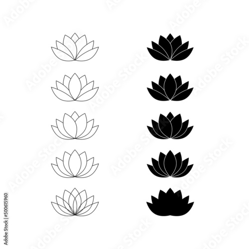 Lotus flower isolated on white, illustration. Flower set icon, water lily outline and silhouette salon and beauty products logotype.