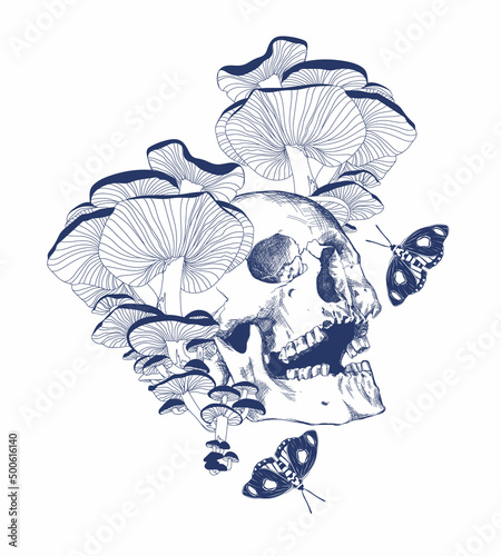 Print skull and mushrooms in vintage style blue on white