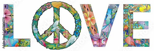 Word LOVE with the symbol of peace. Vector decorative zentangle object