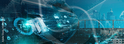 Obraz na płótnie Double exposure Electric vehicle EV car Power cable wirh pump plug in charging power to electric vehicle EV car on virtual modern technology UI control information display,innovation alternative w salonie