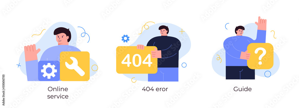 Online support scene set, online service, 404 eror, guide. Simple vector illustration concept Online support scene set, online service, 404 eror, guide. Simple vector illustration concept