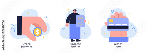 Online payment scene with character, online payment, payment confirm, payment card. Vector trendy isolated scene
