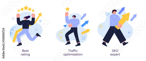 SEO optimisation scene with trendy character. Best rating, traffic optimisation, SEO expert. Vector illustration scene.