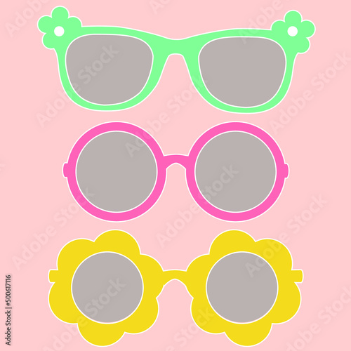 Children's sunglasses. Pink, yellow, green and orange  frames for glasses