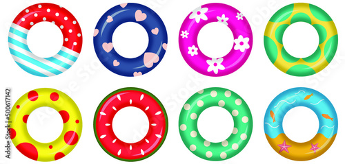 Inflatable rings isolated on white background. Realistic colorful rubber swimming buoy. Vector illustration of pool floater