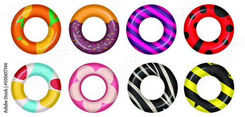 Inflatable rings isolated on white background. Realistic colorful rubber swimming buoy. Vector illustration of pool floater