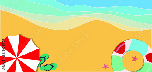 Top view of beach with waves, umbrella, flip flops and rubber ring. Summer background vector illustration