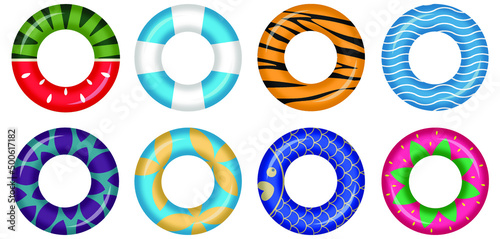 Inflatable rings isolated on white background. Realistic colorful rubber swimming buoy. Vector illustration of pool floater