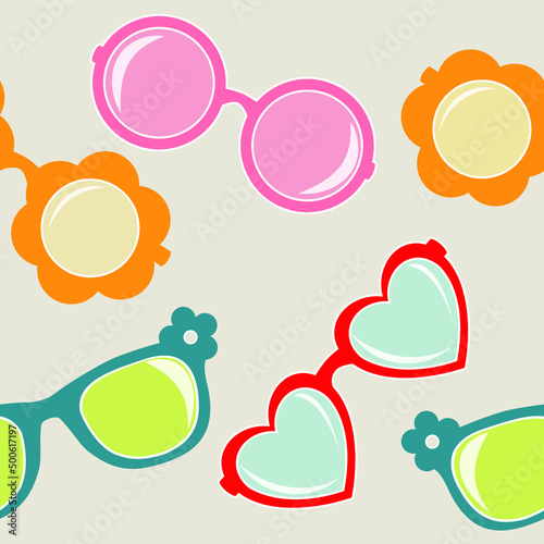 Hello, summer, children's sunglasses. Pink, yellow, green and orange  frames for glasses. Seamless Pattern