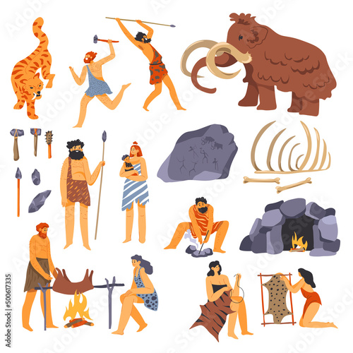 Primitive culture, neanderthal people and mammoth