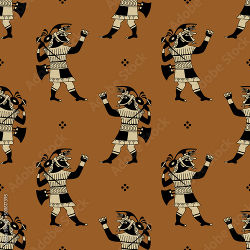 Seamless ethnic pattern with native American ancient Peruvian motifs. Mochica or Moche Indians. Indigenous warriors.