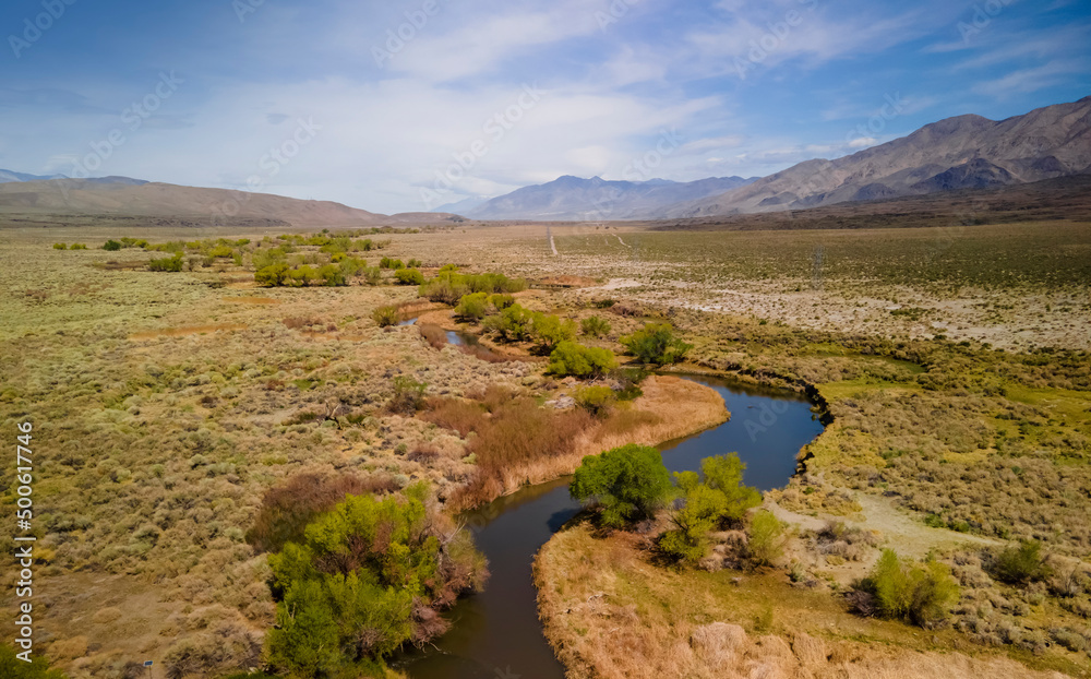 Aerial view of Scenic Owens Valley landscape in California , Winding Owens river through the valley.