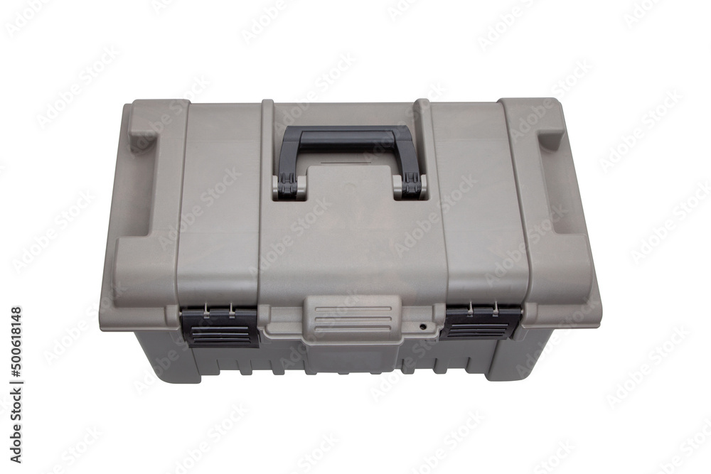 Portable plastic container with opening lid and additional compartments. Fishing or hunting box. Isolate on a white back. Portable plastic container with opening lid and additional compartments. Fishing or hunting box. Isolate on a white back.