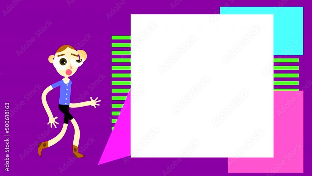 A painted boy with big eyes walks on a purple background with geometric shapes. Abstract animated background with a long-legged hand-drawn character. A painted boy with big eyes walks on a purple background with geometric shapes. Abstract animated background with a long-legged hand-drawn character.