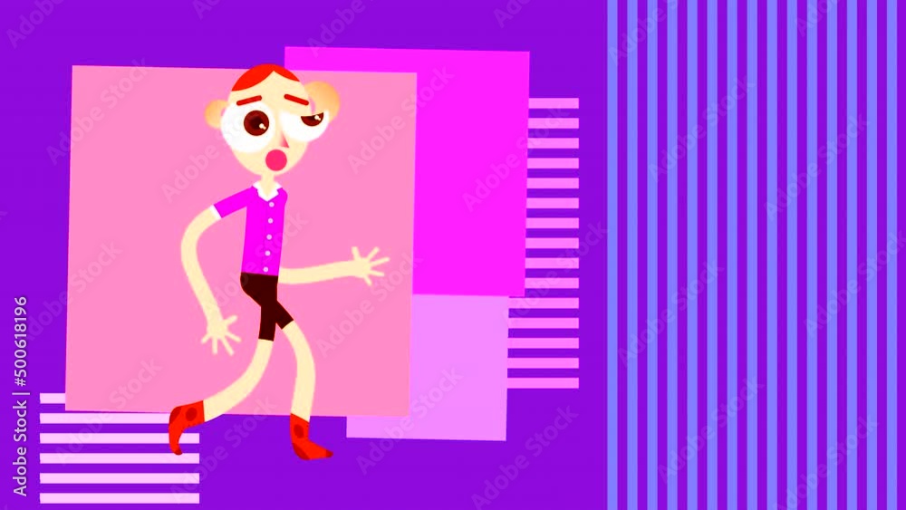 A painted boy with big eyes walks on a purple background of rotating squares. Abstract animated background with a long-legged hand-drawn character. A painted boy with big eyes walks on a purple background of rotating squares. Abstract animated background with a long-legged hand-drawn character.