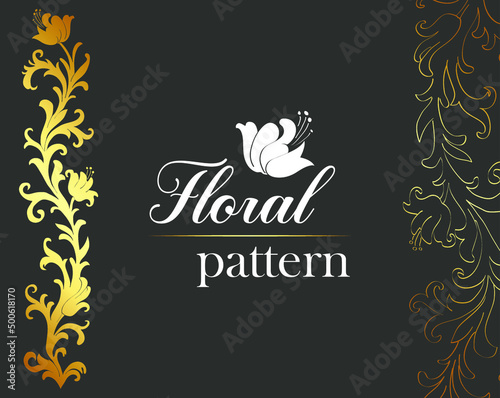 Golden floral pattern. Gold flowers and leaves. 