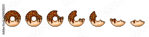 Pixel chocolate donut eating stage. Sweet dessert with color icing and sprinkling is gradually eaten piece by piece. Confectionery sweet with cream filling for vector 8bit games