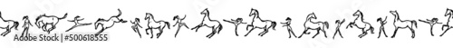 Friendly free horse and girl or woman. Seamless border or pattern. Happy horsemanship jumping, dancing, running, rearing horse. Enjoy friend. Hand drawn silhouette set. Line cartoon vector sketch 