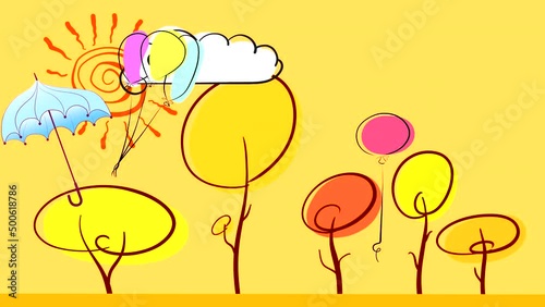 A blue umbrella and multi-colored balloons fly in the wind against the background of autumn trees and a sky with a cloud and the sun. Looped flat animation with drawn characters.