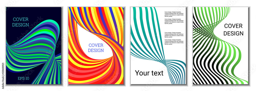 A set of 4 abstract covers. Wavy parallel gradient lines, ribbons evolve. Cover design, background. Trendy banner, poster. A set of 4 abstract covers. Wavy parallel gradient lines, ribbons evolve. Cover design, background. Trendy banner, poster.