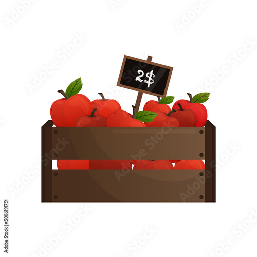 Apples in wooden box in cartoon style. Fruits.The harvested harvest of juicy apples in a wooden box. Vector illustration isolated on a white background. Vector illustration