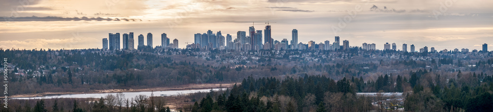 Fototapeta premium Autum urban cityscape on cloudy sky background