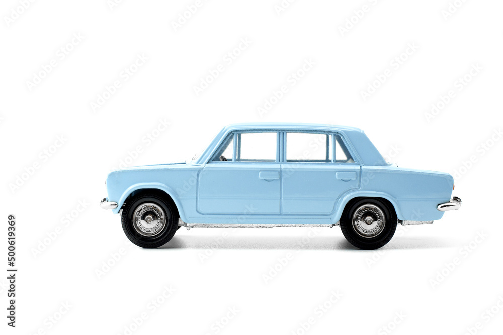 Collection model of a blue car made in Russia isolated on white.