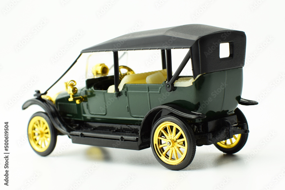 Russia, Chelyabinsk, April 02, 2022: Miniature model of an old car, isolated.