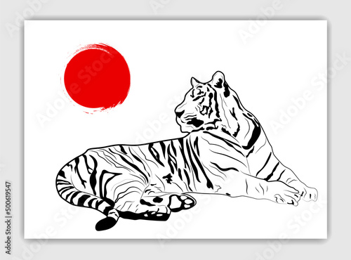 Lying Chinese tiger and red sun. Horizontal card with an outline drawing. Vector illustration. For use in the design of cards, invitations, covers and brochures, prints and prints on fabric, posters