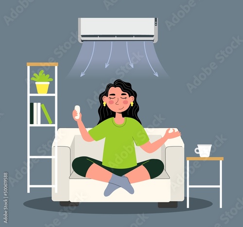 Girl under the air conditioner enjoys the coolness of heating ventilation and air conditioning Vector illustration isolated