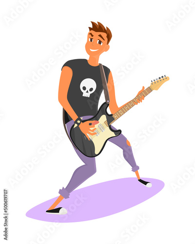 Stylish guy plays the electric guitar. Young rock musician in a black t-shirt with skull having fun.