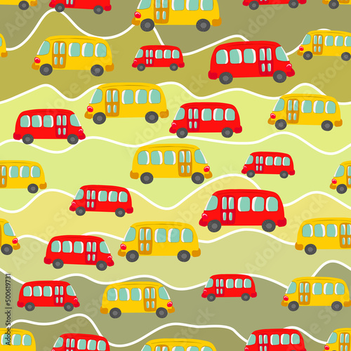 Fototapeta Naklejka Na Ścianę i Meble -  Seamless pattern with cute bus, car on color background. Cartoot transport. Vector illustration. Doodle style. Design for baby print, invitation, poster, card, fabric, textile
