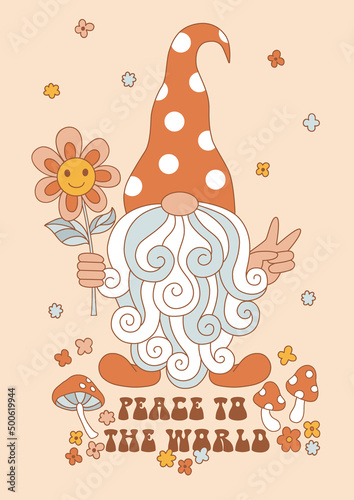 Hippie Groovy Dwarf with long beard show peace sign hold smile face flower vector illustration. Peace to the world phrase. Retro 70s 60s fairy flower power vibes Gnome poster.